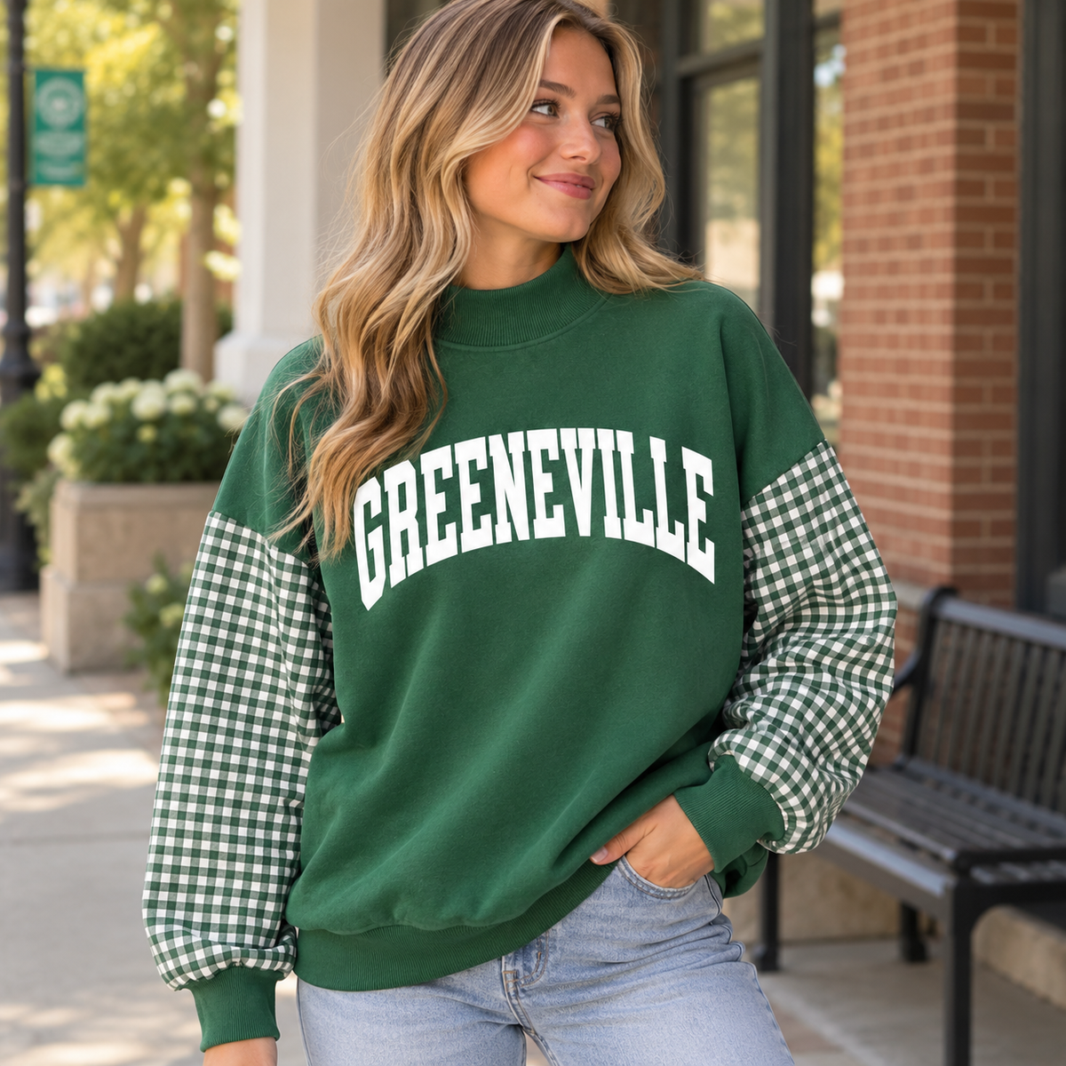 Greeneville Gingham Mock Neck Sweatshirt
