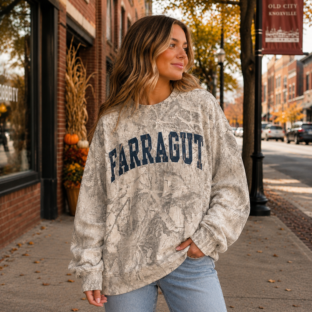 Farragut camo crewneck sweatshirt with navy lettering