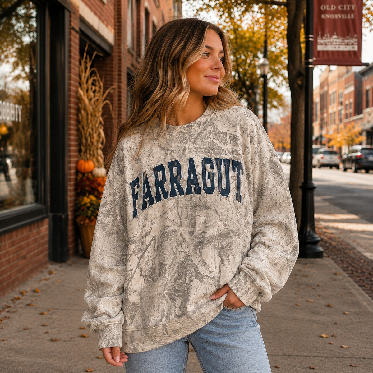 Farragut camo crewneck sweatshirt with navy lettering