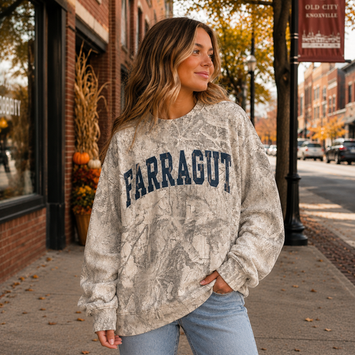 Farragut camo crewneck sweatshirt with navy lettering