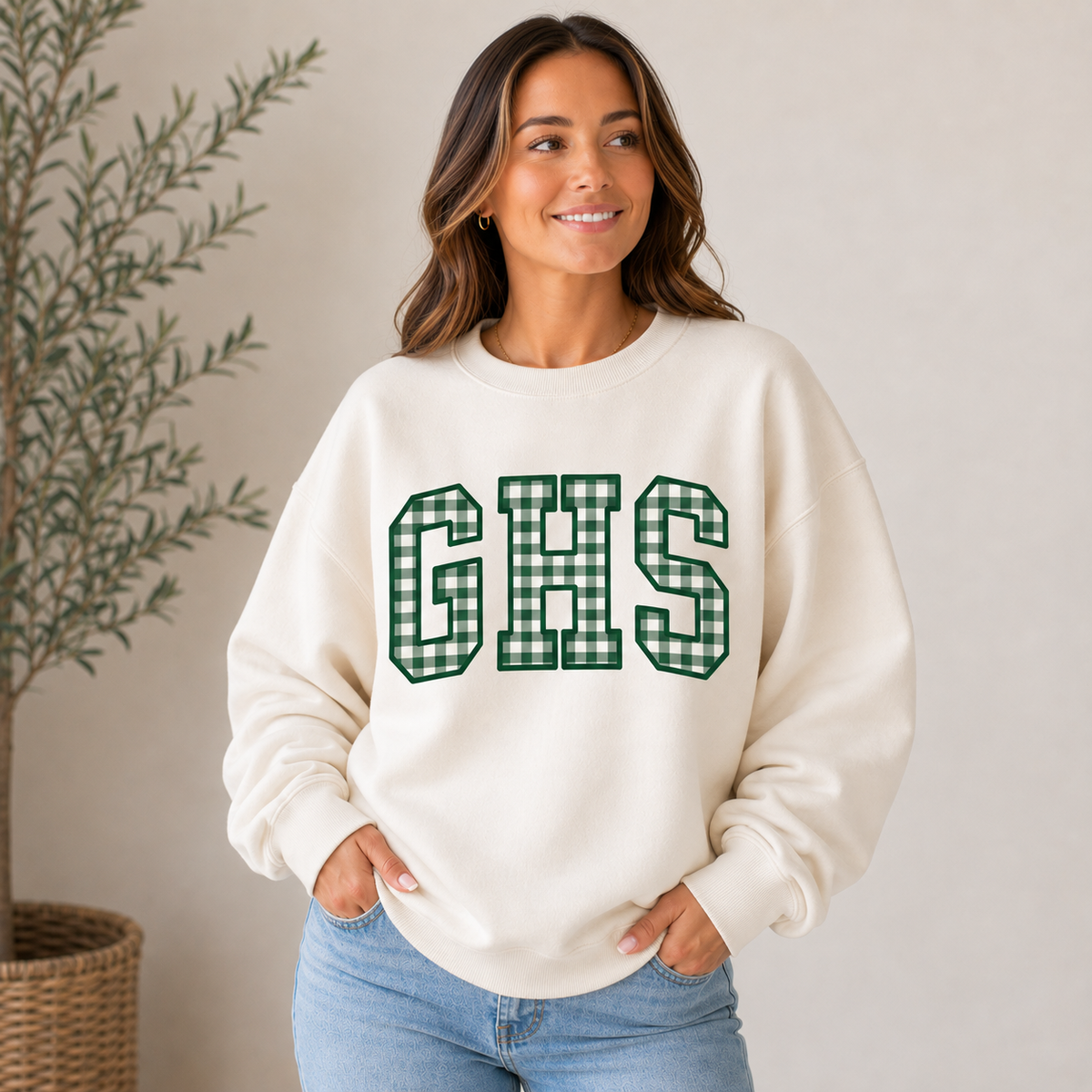 GHS Green Gingham Women’s Oversized Cream Crewneck Sweatshirt