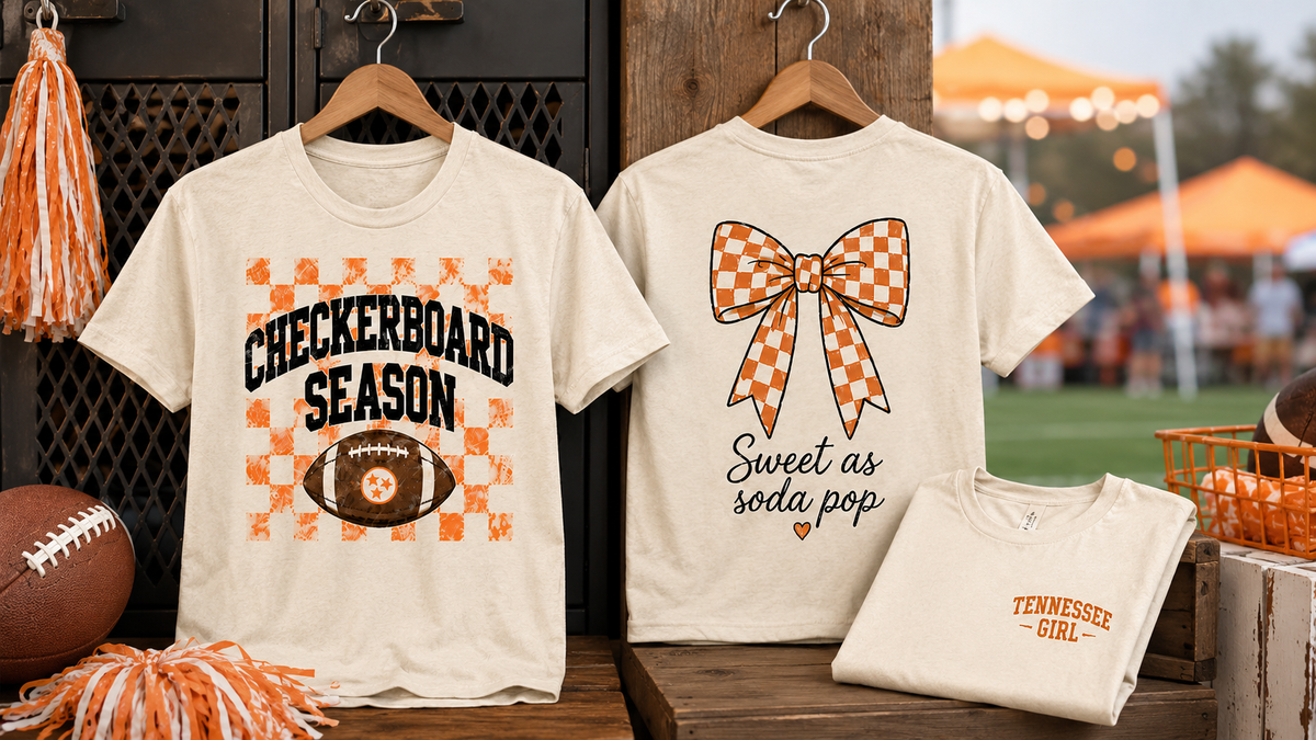 Tennessee game day graphic tees in cream and orange