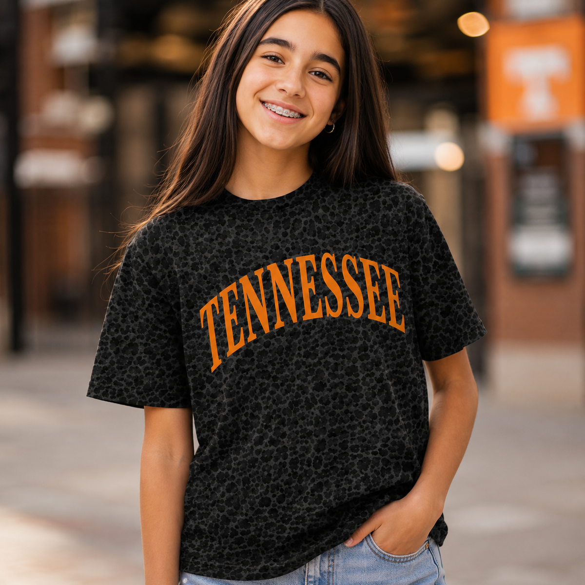 Youth Tennessee Black Leopard Tee | Orange Collegiate Graphic T-Shirt