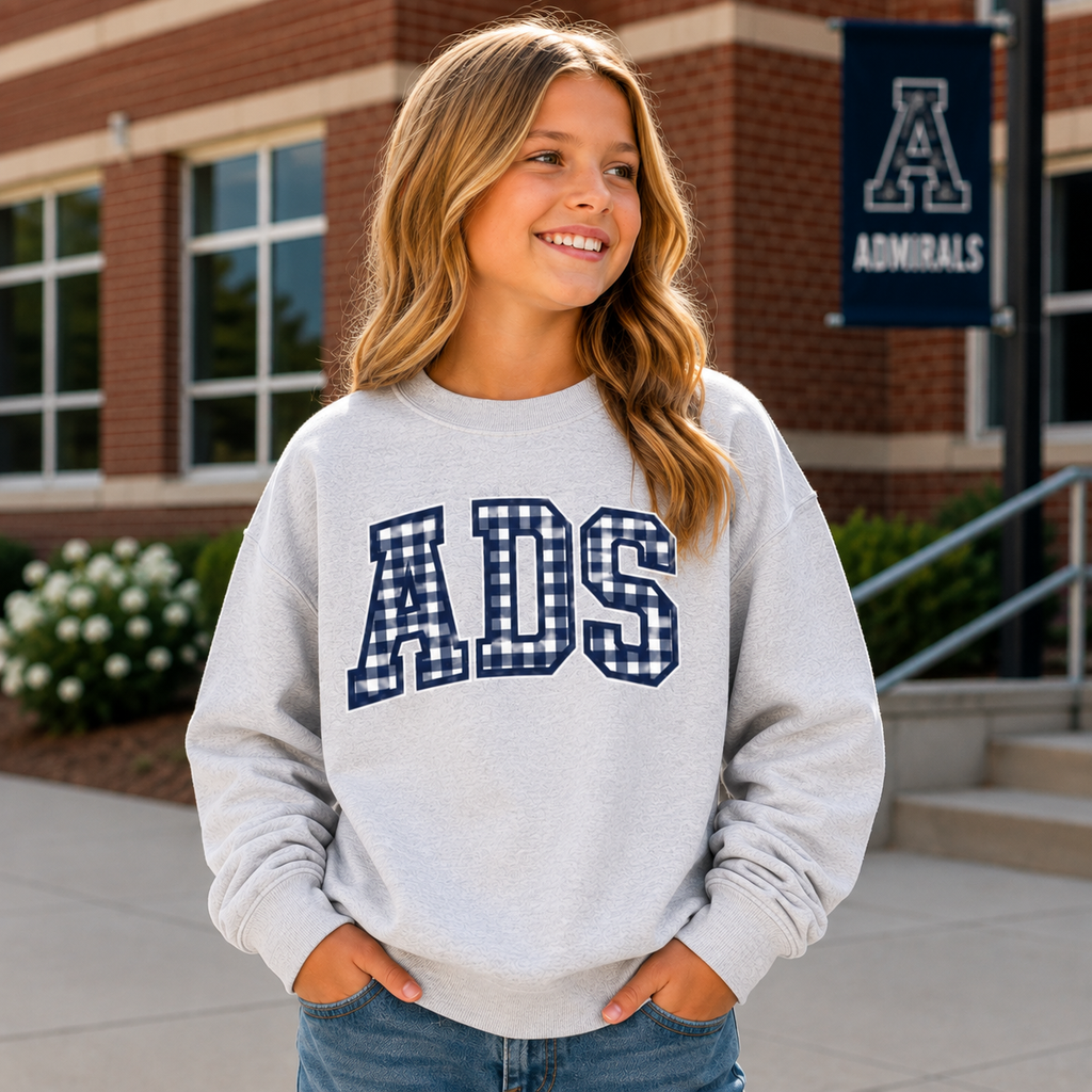 Youth ADS Navy Gingham Crewneck Sweatshirt