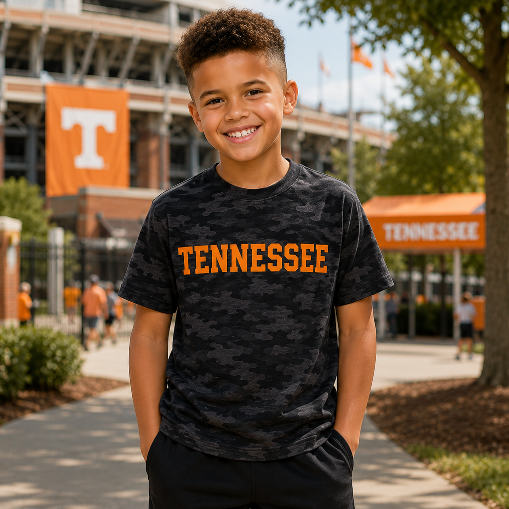 Youth Tennessee Storm Camo Tee – Orange Collegiate Graphic